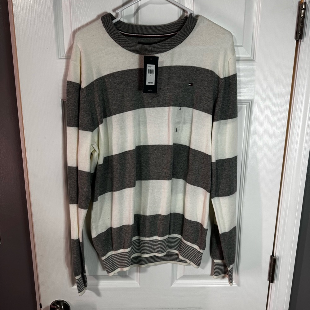 Tommy Hilfiger Gray and White Striped Crewneck Sweater